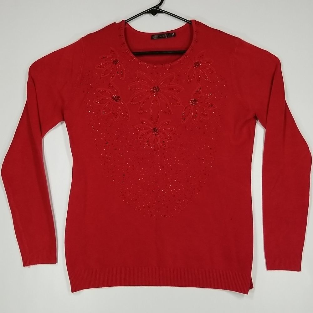 Lemon Curve Sweater Women's 2XL Long Sleeve Beaded Design Red Cotton Blend